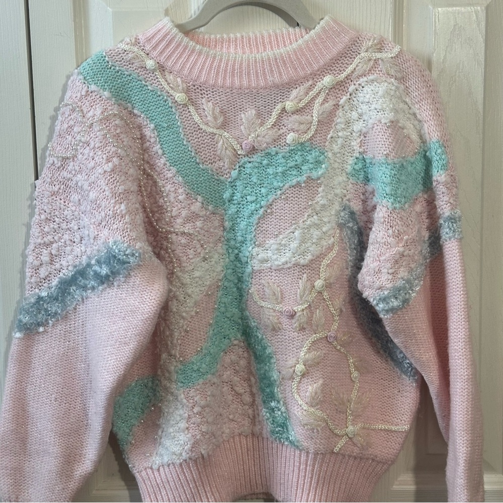 Vintage Jaclyn Smith Pink Pastel Fairy Pearl Beaded Textured Knit Sweater Size S